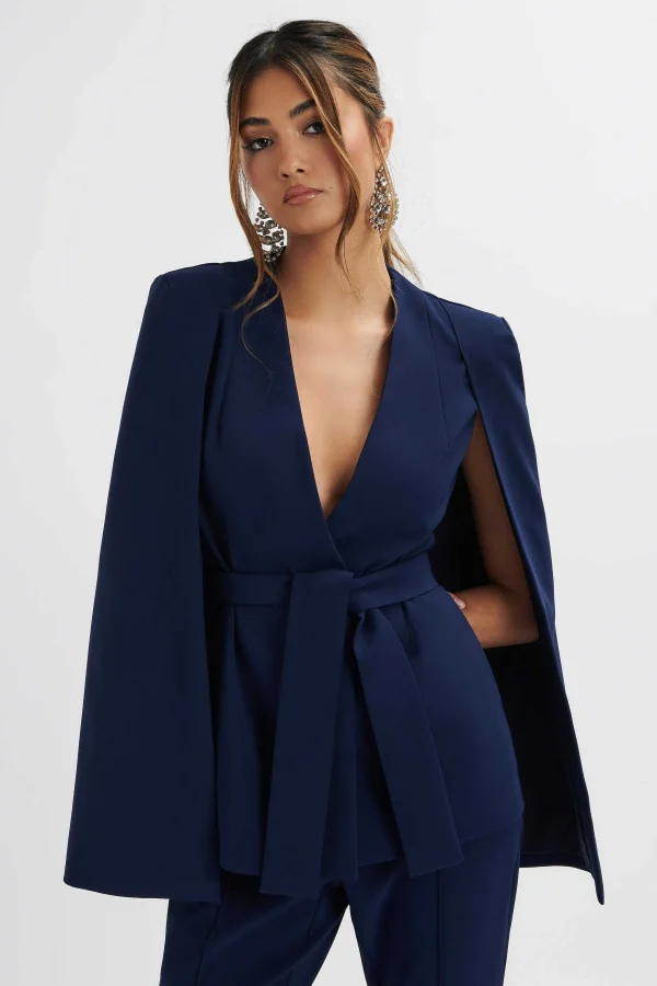 Store Lavish Alice Skye Belted Cape Blazer In Navy