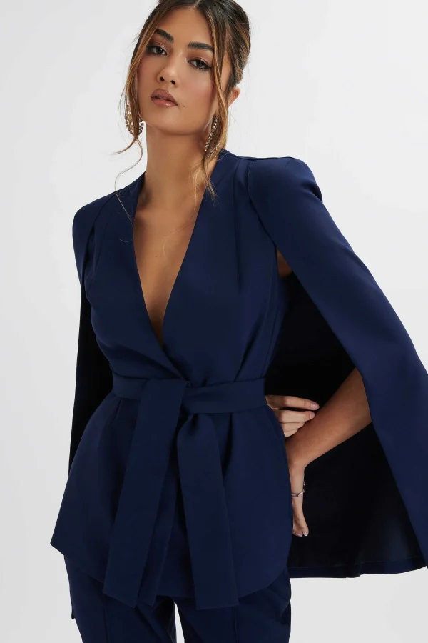 Store Lavish Alice Skye Belted Cape Blazer In Navy