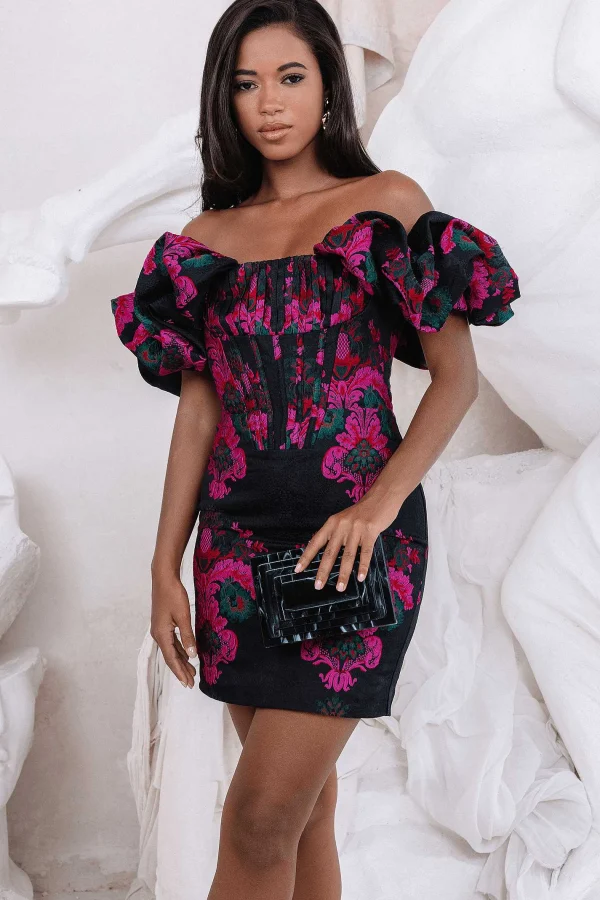 Best Sale Lavish Alice Stacia Jacquard Puff Sleeve Mini Dress In Black & Purple