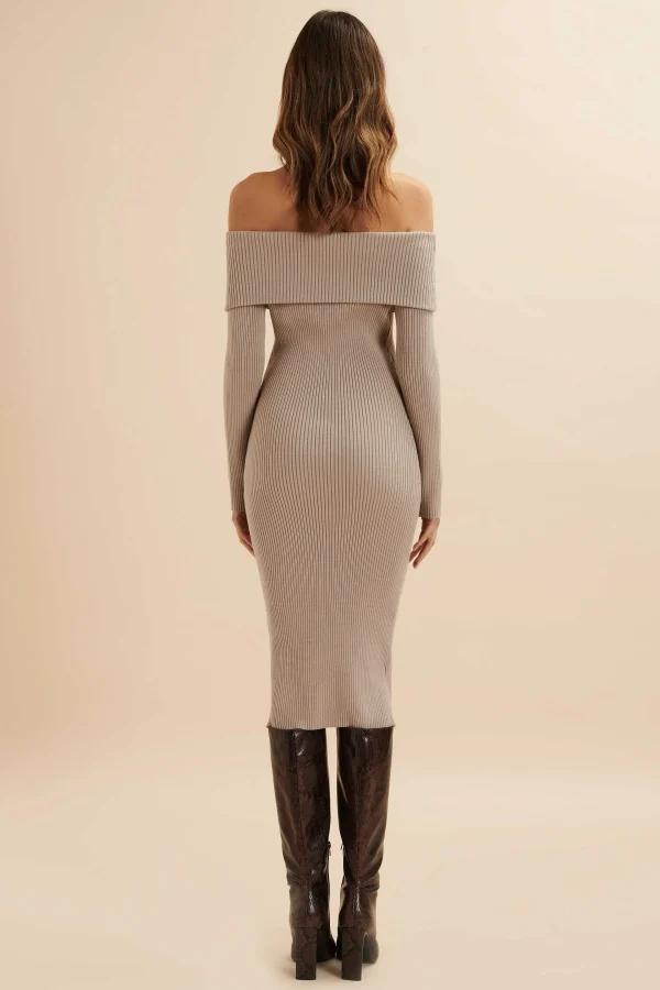 Sale Lavish Alice Sunday Knitted Rib Bardot Midi Dress In Beige