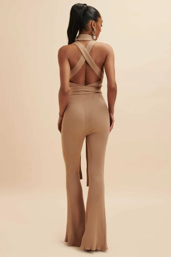 Store Lavish Alice Tamara Knitted Ribbed Open Back Jumpsuit In Camel