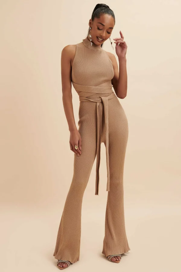 Store Lavish Alice Tamara Knitted Ribbed Open Back Jumpsuit In Camel