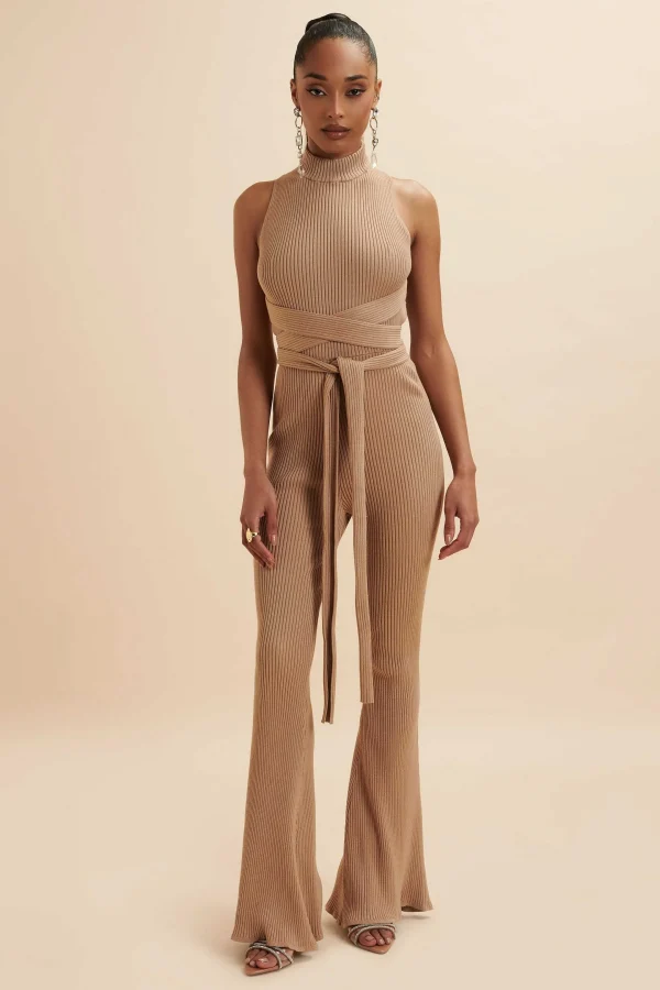 Store Lavish Alice Tamara Knitted Ribbed Open Back Jumpsuit In Camel