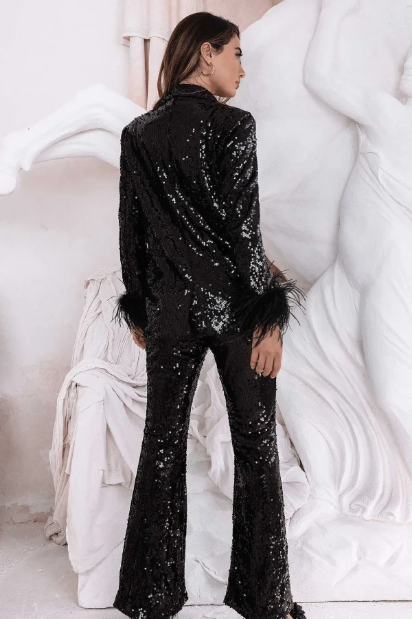 Cheap Lavish Alice Tamsin Oversized Sequin Blazer With Feather Cuffs In Black