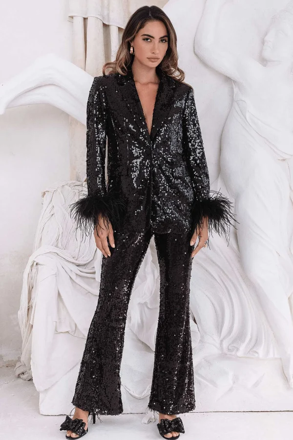 Cheap Lavish Alice Tamsin Oversized Sequin Blazer With Feather Cuffs In Black