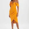 New Lavish Alice Zamira 3D Flower Detail Off Shoulder Midi Dress In Orange