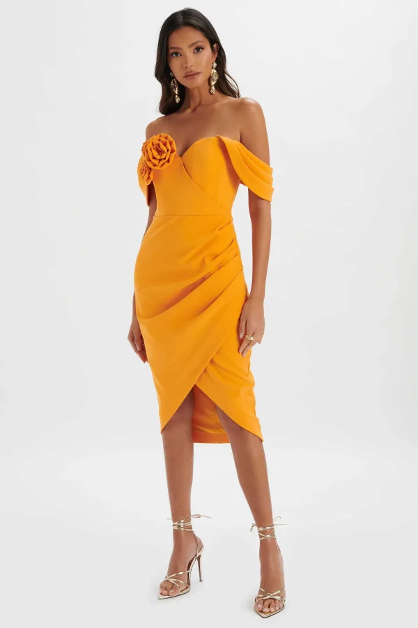 New Lavish Alice Zamira 3D Flower Detail Off Shoulder Midi Dress In Orange