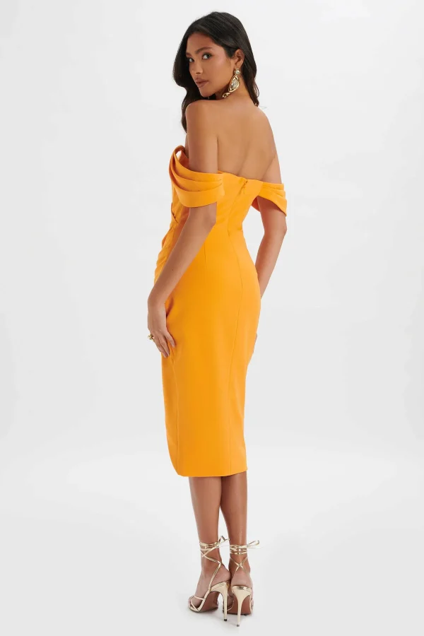 New Lavish Alice Zamira 3D Flower Detail Off Shoulder Midi Dress In Orange